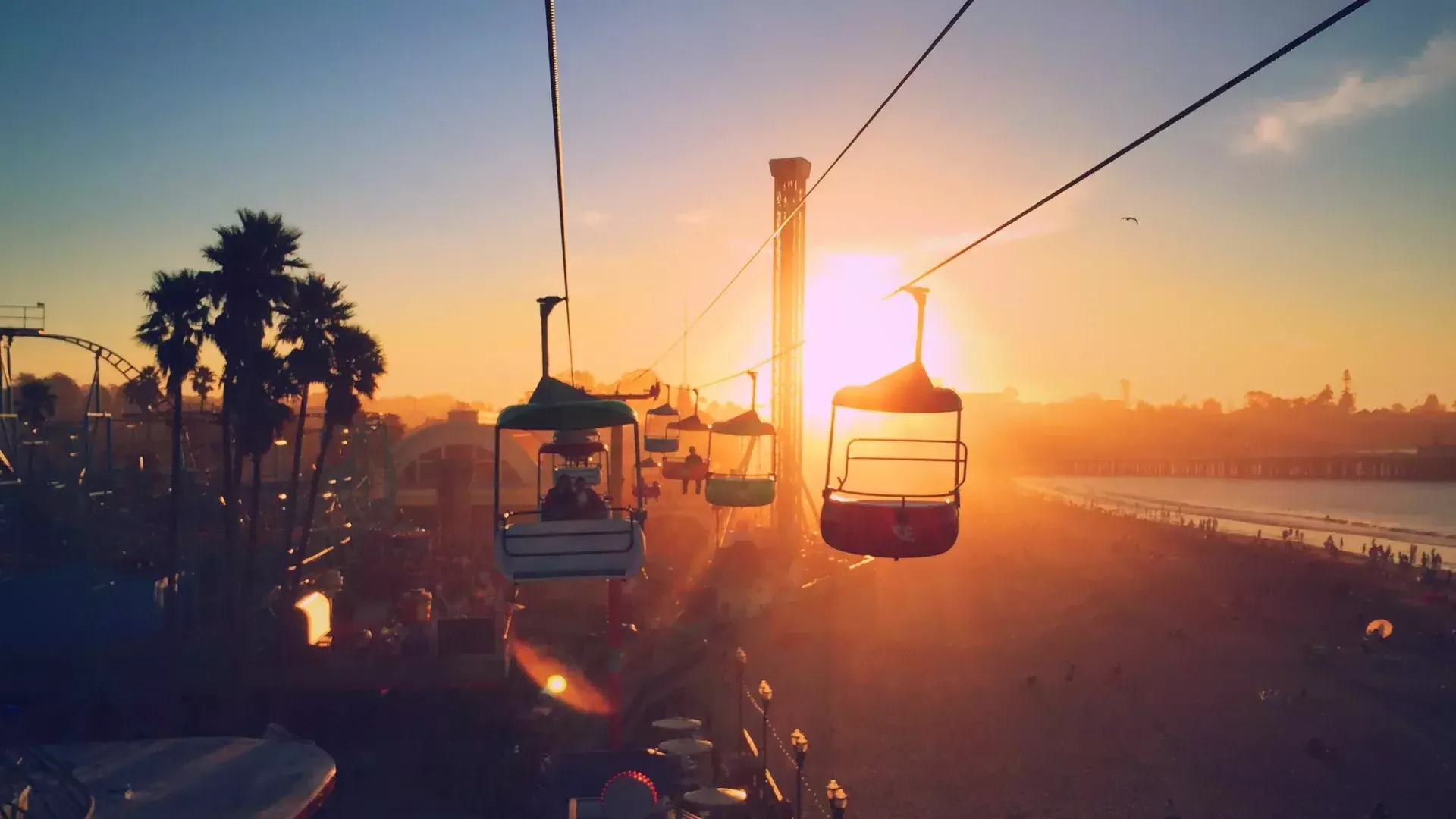 Santa Cruz boardwalk at sunset.